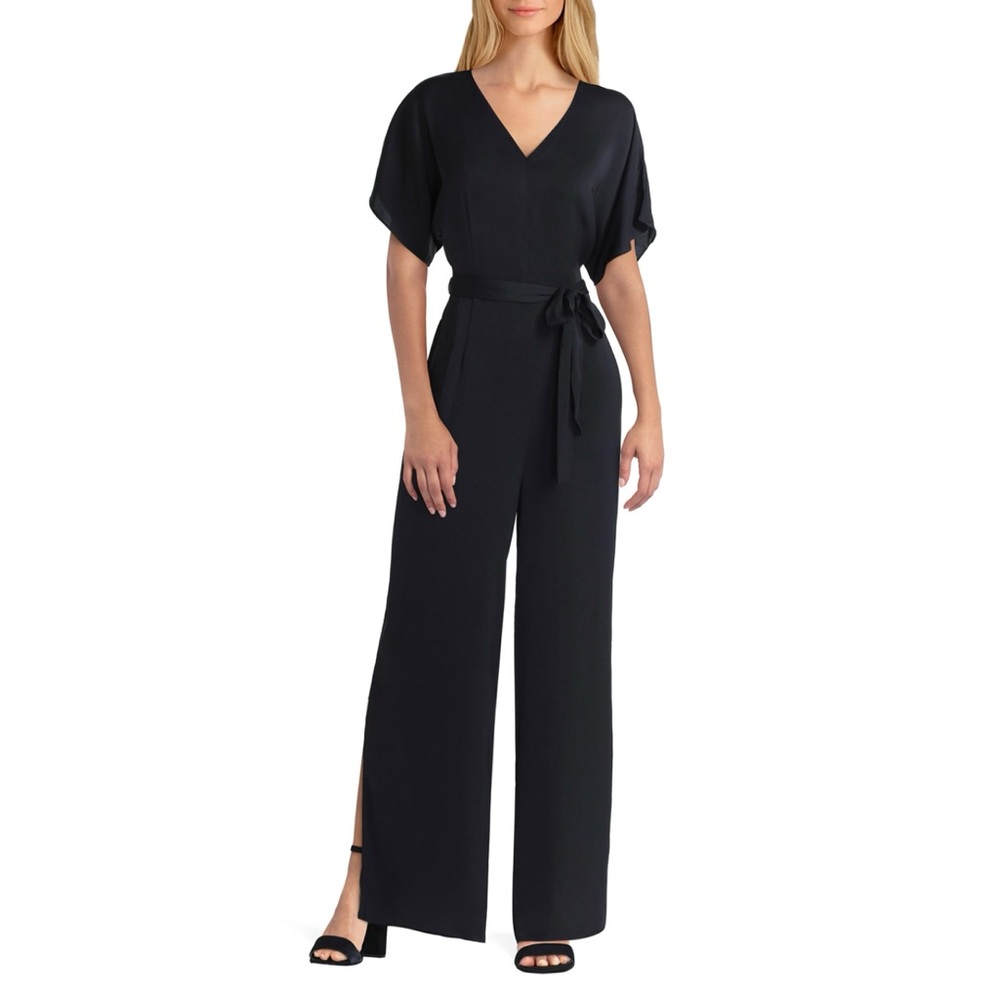 Gigi Parker Women’s Black V~Neck Short Dolman Sleeve Wide Leg Belted Jumpsuit XL